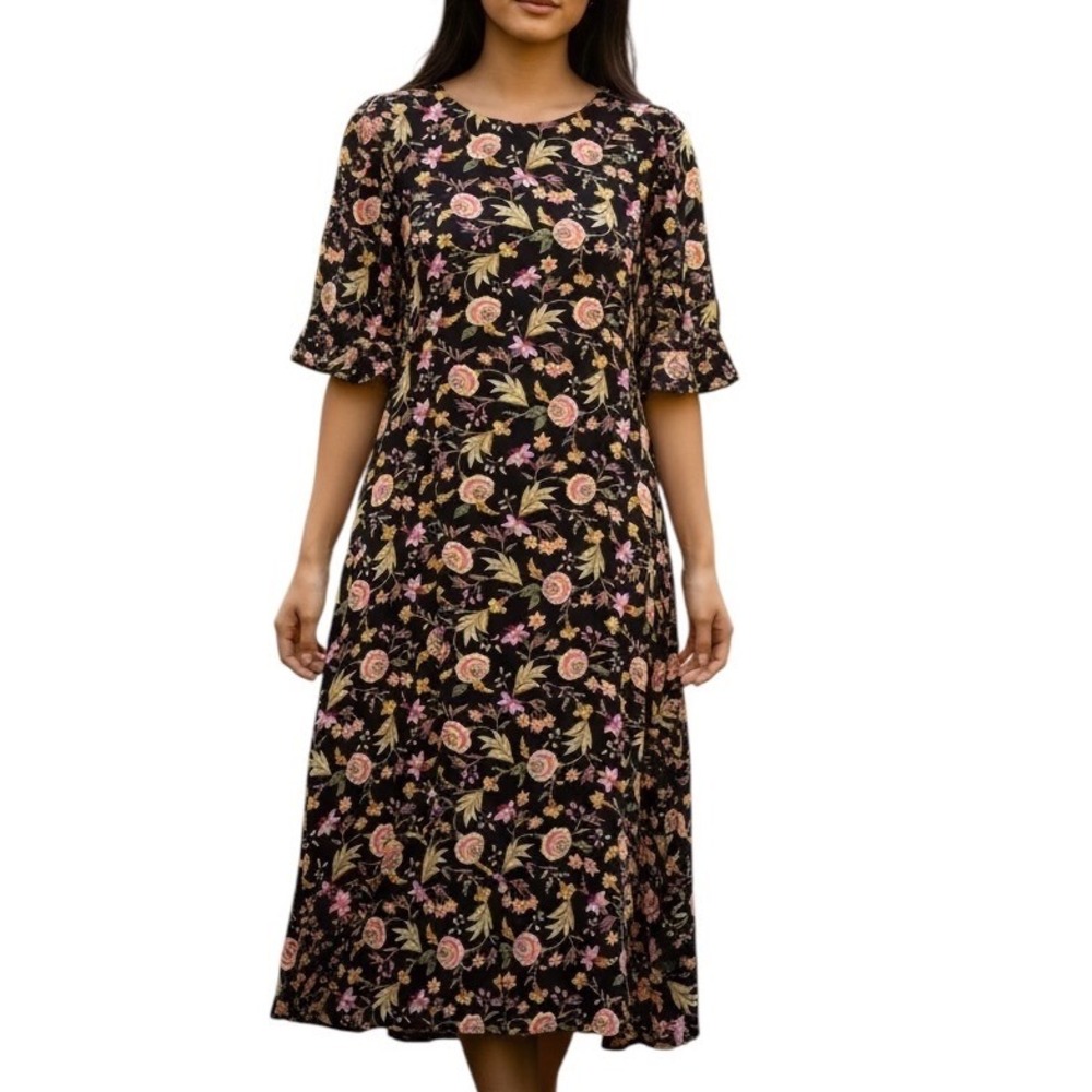 Loft Petite Black Floral Midi Dress Ruffle Sleeve Side Slit 4P Botanical Print